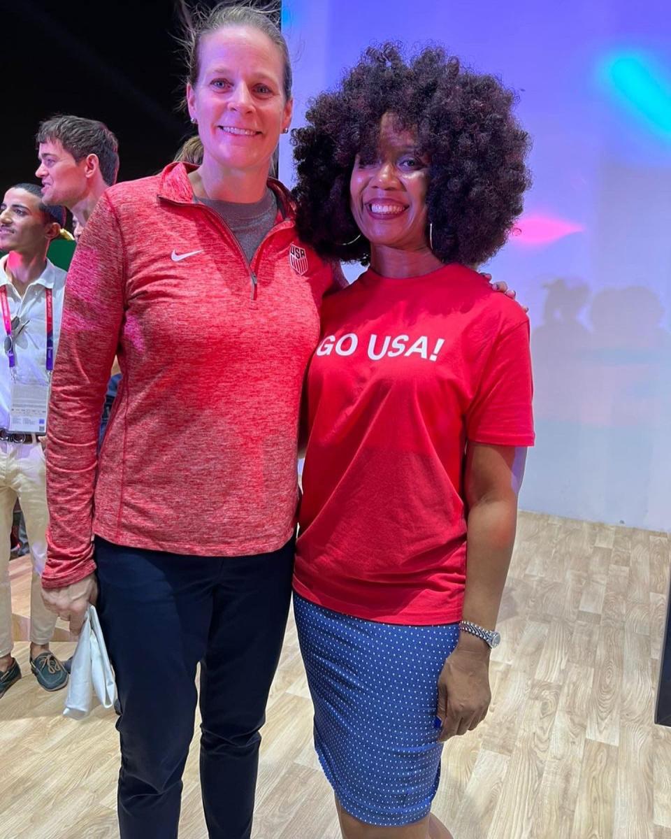 U.S. Soccer President Cindy Parlow Cone joins USDA Agricultural Counselor Valerie Brown for the opening of the World Cup USA Pavilion in Doha.