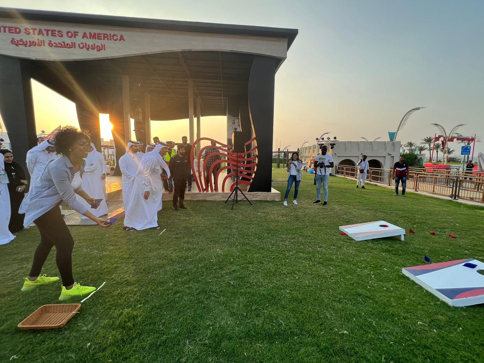 Qatar Prime Minister and Minister of Interior H E Sheikh Khalid bin Khalifa bin Abdulaziz Al joins in opening day festivities at the World Cup USA Pavilion.