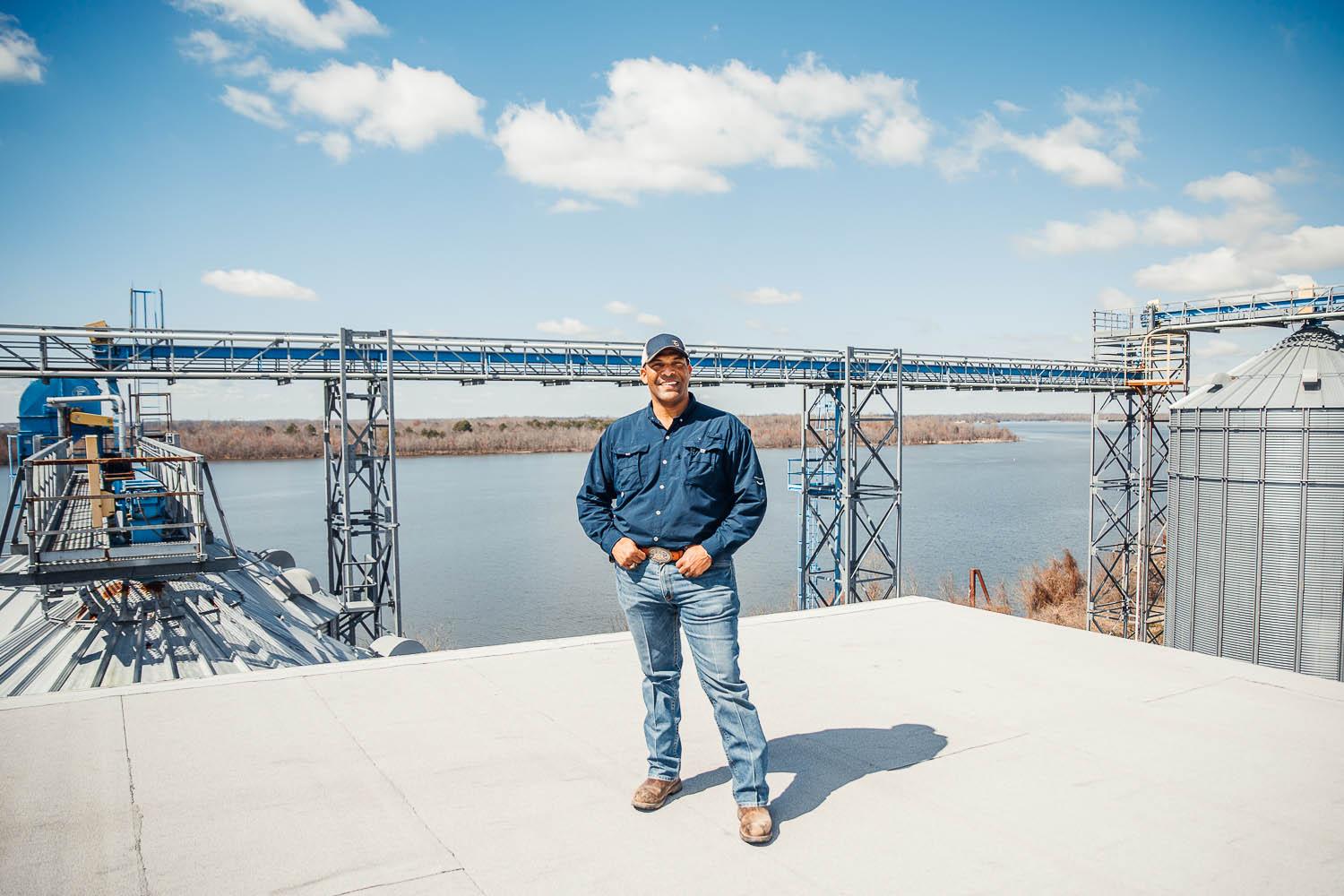 PJ Haynie photographed atop the Arkansas River Rice mill. 