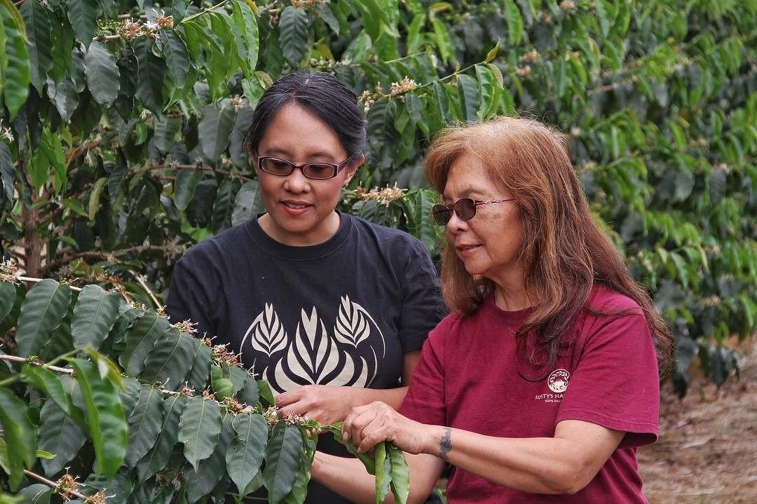 Two women stand next to each other holding a branch of a coffee tree.