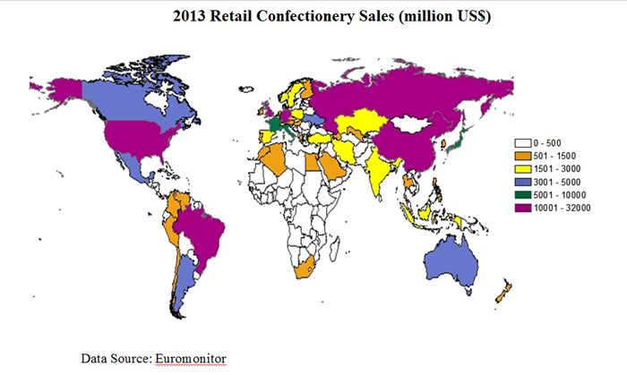 Map of the U.S. showing 2013 retail confectionery sales by country. Russia, China and Brazil rank among the largest buyers