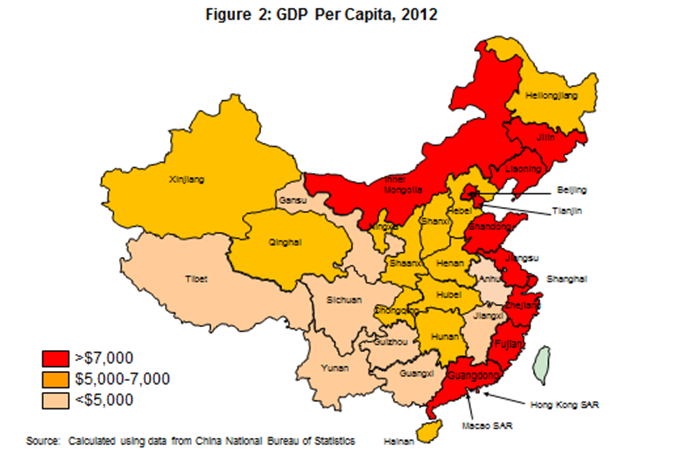 Map showing 2012 per capita GDP, by region, in China.