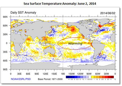 Map showing Sea Surface Temperature Anomaly in the Pacific Ocean on June 2, 2014