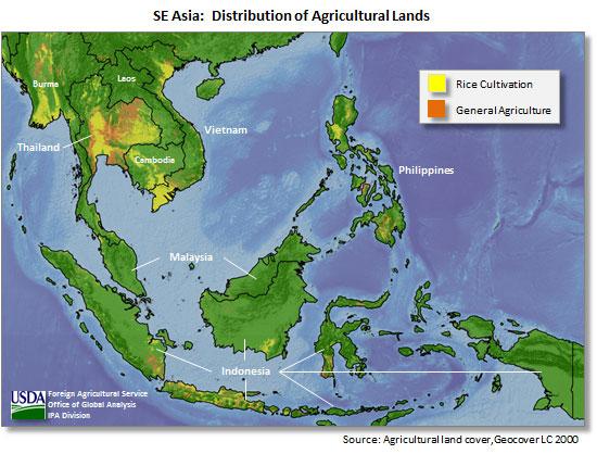 map showing a distribution of agricultural lands in south east asia