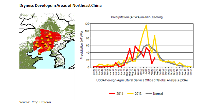 A map of Northeast China along side a line graph demonstrating that 2014’s precipitation in Northeast China is below the average. 