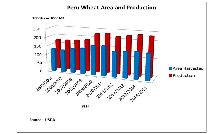 Bar chart showing that while wheat production has increased slightly since 1994, it has remained relatively stable for the last six years at around 225,000 MT. 