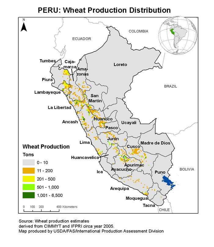 Map of Peru showing wheat production distribution.  Most of the production is central and to the West.