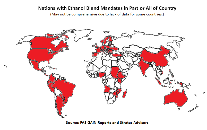 Nations with ethanol blend mandates in part or all of the country. 