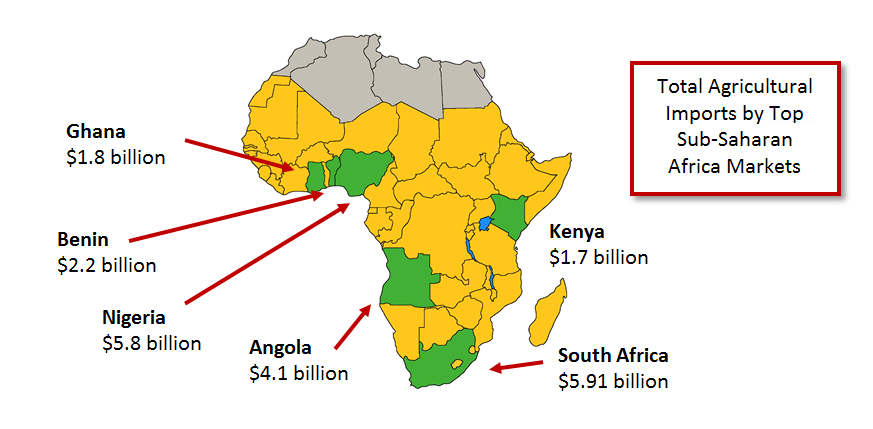 Map of Africa demonstrating that South Africa, Nigeria, Angola, Benin, Ghana, and Kenya are the largest importers of ag products, accounting for half of the imports to the Sub-Saharan Africa region. 