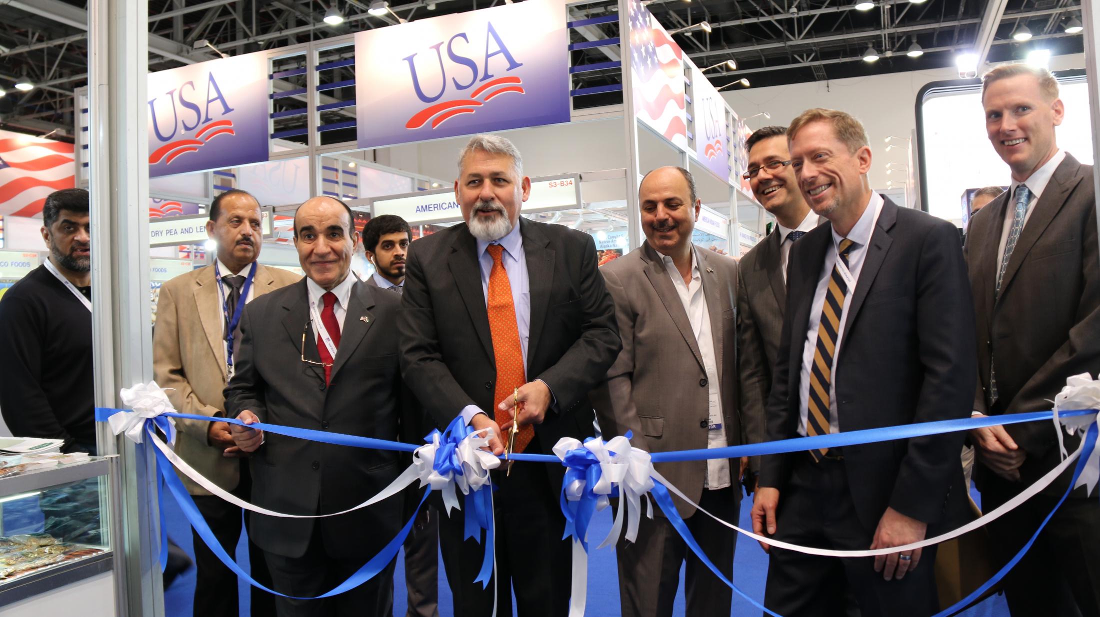 U.S. Consul General Paul Malik officially cuts the opening ribbon for the USA Pavilion at Gulfood 2017.