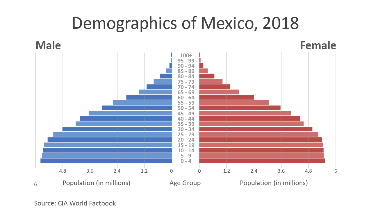 Population pyramid showing the distribution of Mexican citizens by gender and age.  