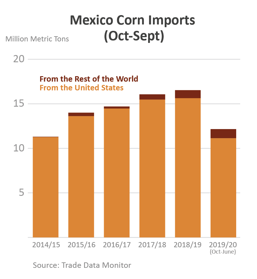 Column chart showing corn exports to Mexico broken down by U.S. exports and rest of world. 