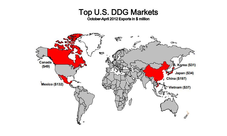 Map showing the top U.S. DDG markets. China, Mexico and Canada are the top three.