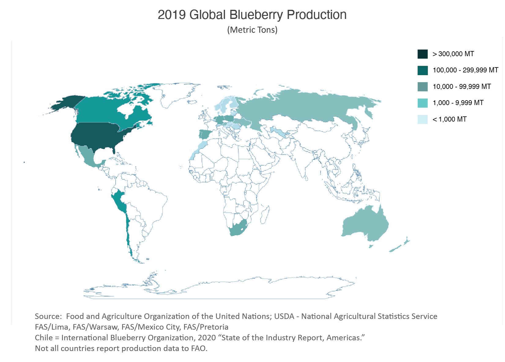 Map showing blueberry production by country.  Most of it is in North America with the U.S. being the highest producer.  