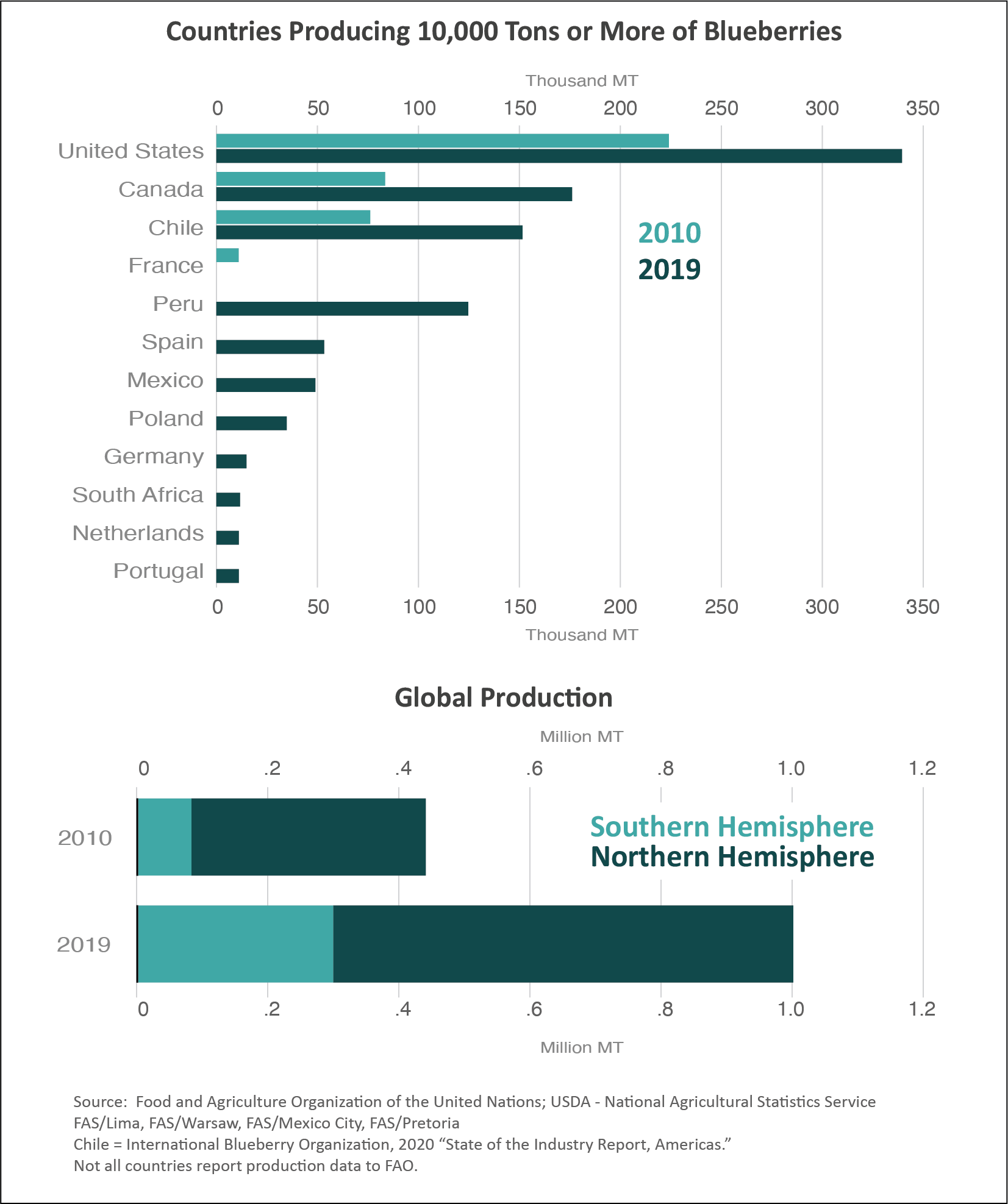 Bar graphs showing the countries which produce more than 10,000 MT of blueberries per year.  The U.S., Canada and Chile are were the largest producers in 2019.  A second stacked bar chart show global blueberry production in 2010 and 2019.  In 2019, production had grown significant with most of it in the Northern Hemisphere.