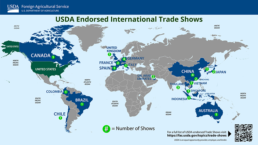 World Map showing USDA-endorsed international trade shows.  More information on each show is available from the links below. 